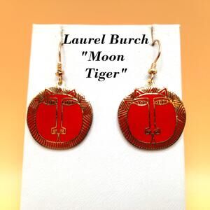 Laurel Burch "Moon Tiger" Red Drop Earrings, Gold Plated Cloisonné, Red Enamel